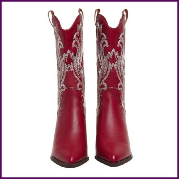 Women's Western Cowboy Boots Mid Calf Embroidered Pointed Toe Chunky Heel - Picture 6 of 8